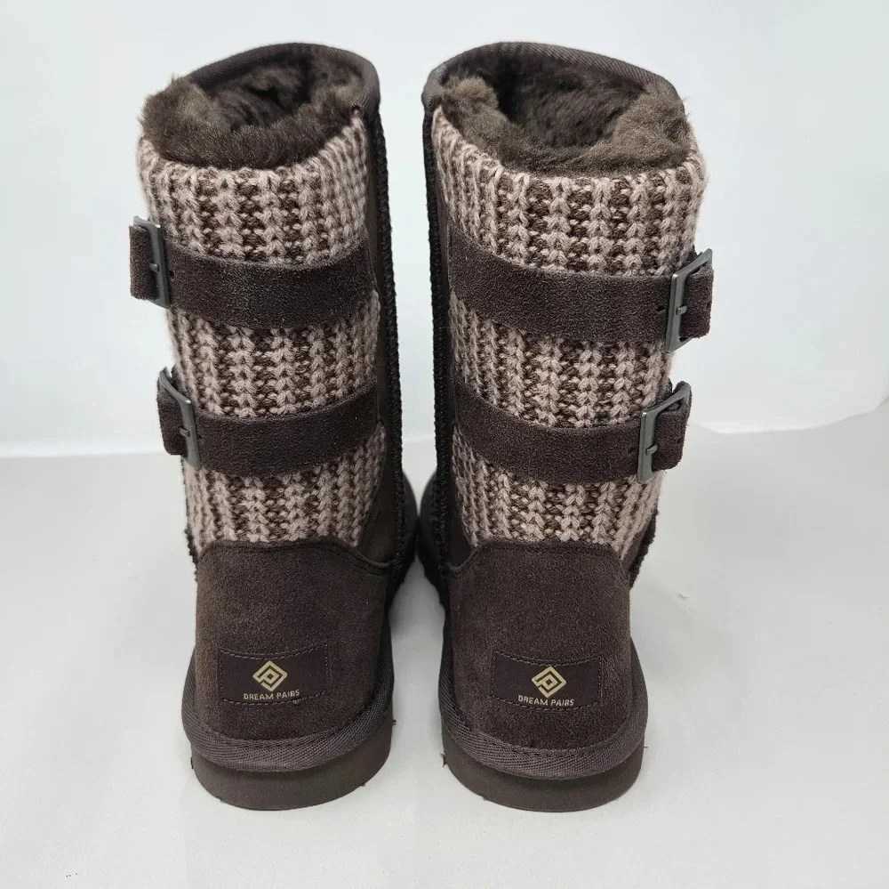 Dream Pairs Boots Womens Sz 8 Brown Faux Suede Knitted Back Faux Fur Adj.